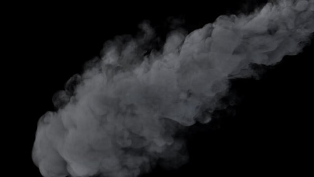 A jet of gray steam or smoke flowing diagonally from right to left across the frame on a transparent alpha channel background.