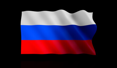 3D rendering, Close up waving Russia national flag, isolated black background.