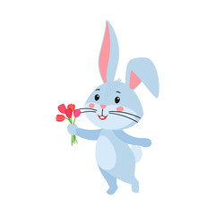 Cute cartoon bunny or rabbit. Hare dances with a bouquet of pink flowers in his hand. Printing for children's greeting cards, posters. Hand-drawn vector stock illustration isolated on a white. 