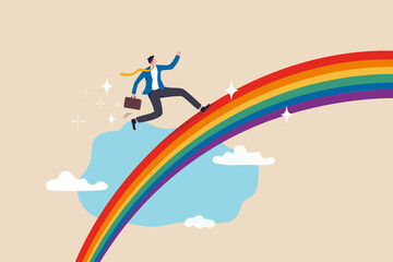 Inspiration to be success, imagination and creativity to build hope and bright future, positive thinking to find opportunity, happy businessman running with suitcase on colorful rainbow in the sky.