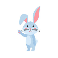 Cute cartoon bunny or rabbit. The hare smiles and waves his hand. Printing on children's T-shirts, greeting cards, posters. Hand-drawn vector stock illustration isolated on a white background