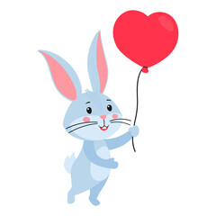 Cute cartoon bunny or rabbit. Here with a heart-shaped balloon in his hands. Symbol of the year 2023. Hand-drawn vector stock illustration isolated on a white background