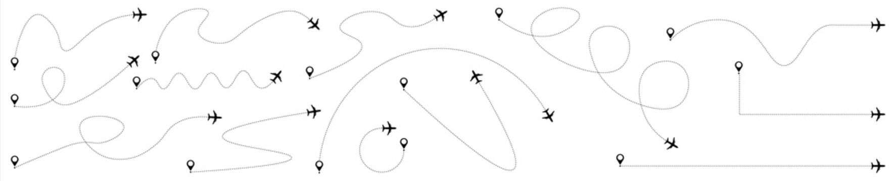 Airplane route. Plane line path icon isolated on background. Flight route with start point and dash line trace. Travel concept. Aircraft tracking, plans, map, location.