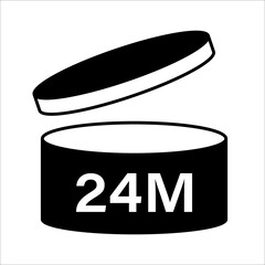 PAO cosmetic icon, mark of period after opening. Expiration time after package opened, black label. 24 month expirity on white background, vector illustration