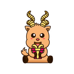 markhor goat and gift box cute adorable cartoon doodle vector illustration flat design style