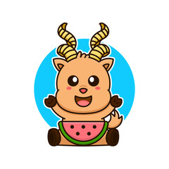 markhor goat eat watermelon cute adorable cartoon doodle vector illustration flat design style