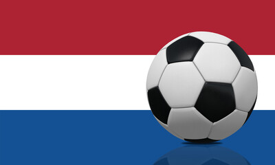 Realistic soccer ball on Netherlands flag background, 3D illustration.
