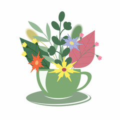 Flower arrangement in a cup with saucer in flat style