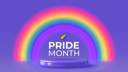 Pride month banner concept with neon rainbow. Vector illustration with neon rainbow and 3d podium on violet background. Symbol of pride month. Concept of LGBT promo banner.