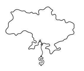 Map of Ukraine with dollar as line drawing on white background. Vector