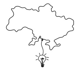 Map of Ukraine with light bulb as line drawing on white background