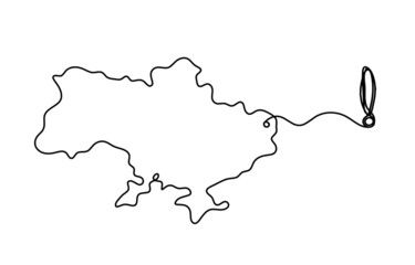 Map of Ukraine with exclamation mark as line drawing on white background. Vector