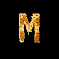 Honey Comb Alphabet, honey letter M, realistic honey 3d text, liquid honey