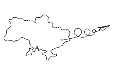 Map of Ukraine with paper plane as line drawing on white background
