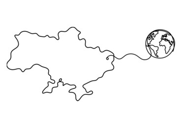Map of Ukraine with globe as line drawing on white background. Vector