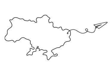 Map of Ukraine with paper plane as line drawing on white background