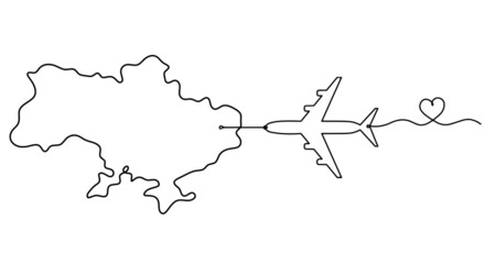 Map of Ukraine with plane as line drawing on white background