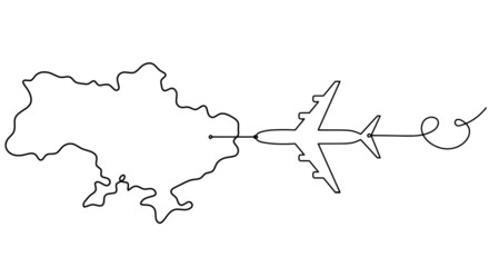 Map of Ukraine with plane as line drawing on white background
