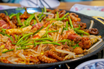 Korean style baby octopus stir fry with beef and bean sprouts