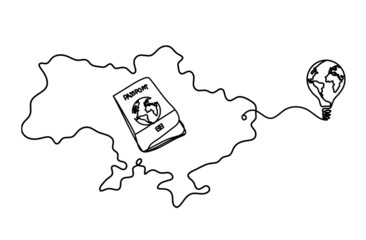Map of Ukraine with globe light bulb as line drawing on white background. Vector