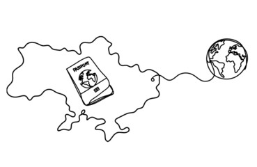 Map of Ukraine with globe as line drawing on white background. Vector