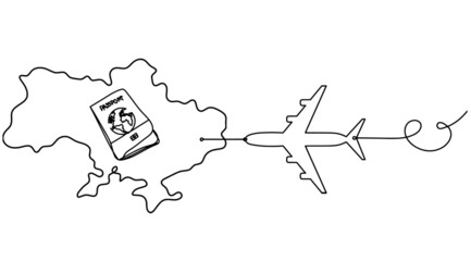 Map of Ukraine with plane as line drawing on white background
