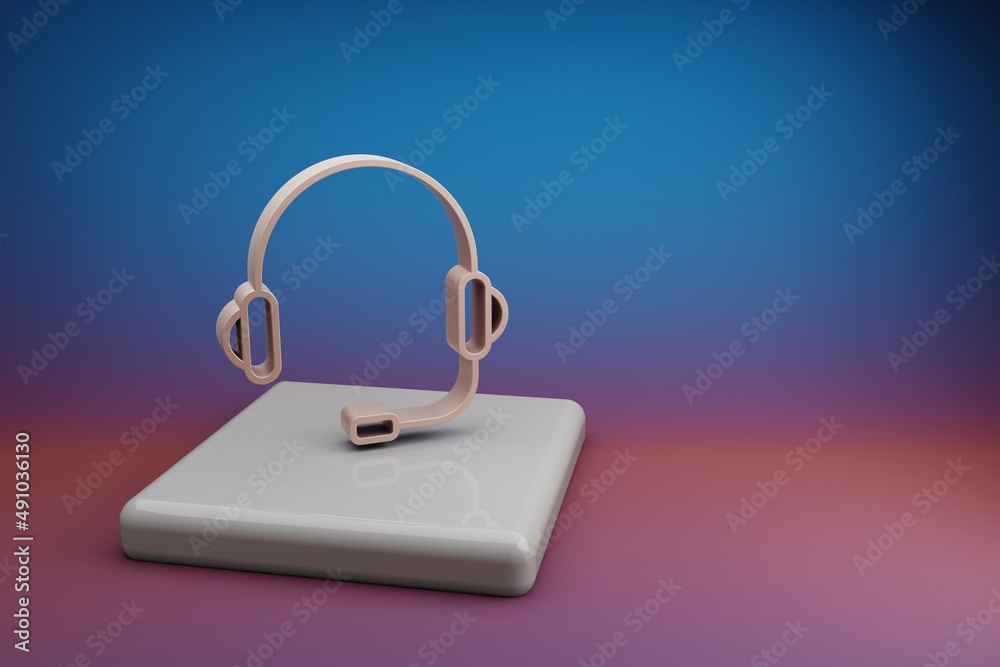 Poster wonderful headphones with mic. beautiful music symbol icons on a ceramic stand and bright colored ba