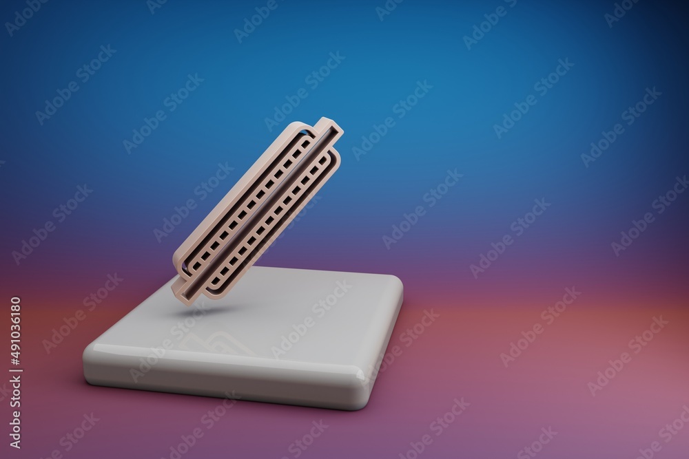 Poster wonderful one harmonica. beautiful music symbol icons on a ceramic stand and bright colored backgrou
