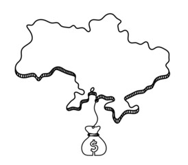Map of Ukraine with dollar as line drawing on white background. Vector