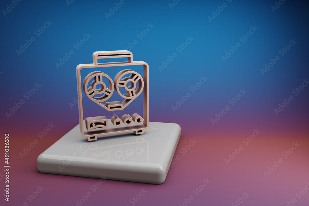 Poster wonderful old audio recorder. beautiful music symbol icons on a ceramic stand and bright colored bac