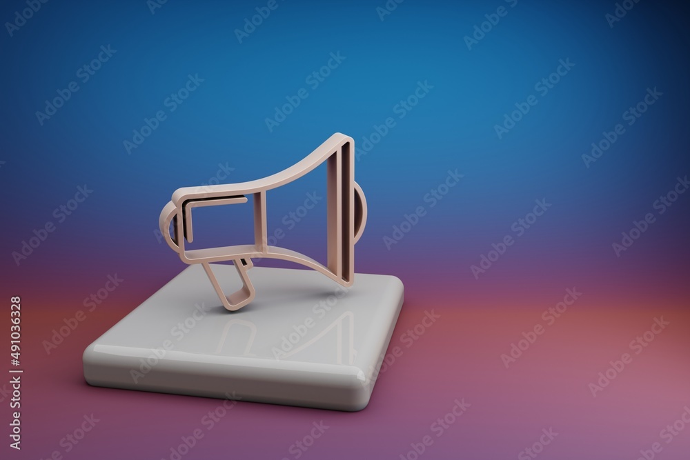 Poster Wonderful  Shout Megaphone. Beautiful music symbol icons on a ceramic stand and bright colored background. 3d rendering illustration. Background pattern for design.