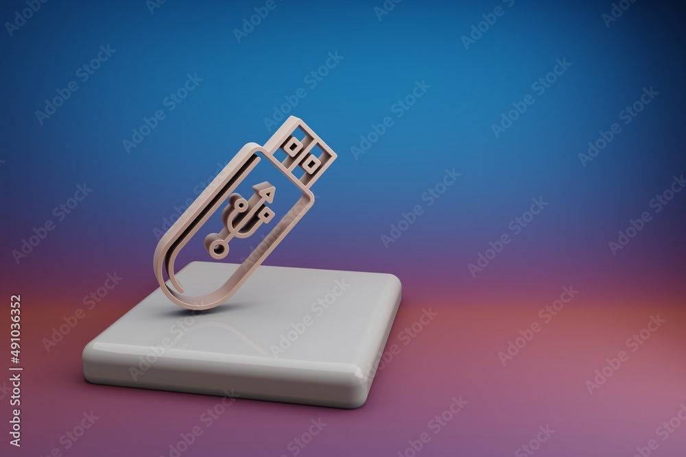 Poster Wonderful  Pendrive Device. Beautiful music symbol icons on a ceramic stand and bright colored background. 3d rendering illustration. Background pattern for design.