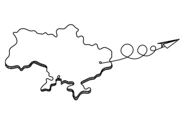 Map of Ukraine with paper plane as line drawing on white background