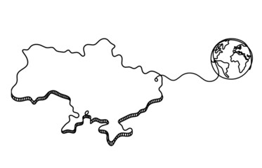 Map of Ukraine with globe as line drawing on white background. Vector