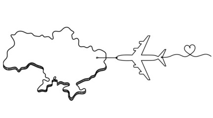 Map of Ukraine with plane as line drawing on white background