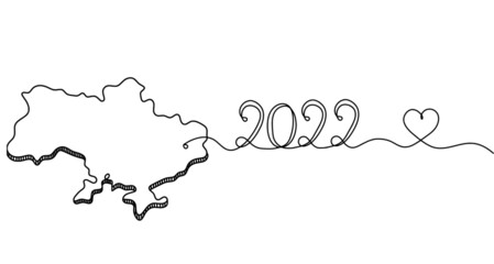 Map of Ukraine with 2022 as line drawing on white background. Vector