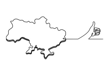 Map of Ukraine with hand as line drawing on white background