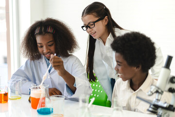 Group of teenage student learn and study doing a chemical experiment and holding test tube in hand in the experiment laboratory class on table at school.Education concept