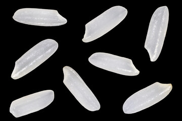 close-up white rice grains, Isolated black background