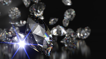 Shiny Diamonds with blue flash light on black surface background. Concept image of luxury living, expensive things and high added value. 3D CG. High resolution.