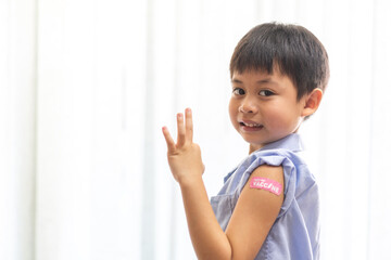 Portrait of happy smile vaccinated little asian kid boy children ages 5 to 11 years old posing show arm with medical plaster after Injection vaccine Covid-19 protection.coronavirus vaccination kid