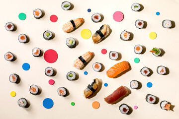 Japanese dish sushi and rolls rice with fish