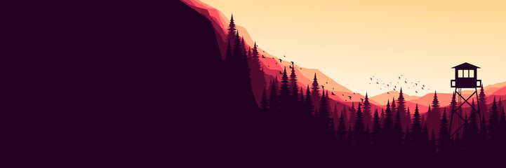 minimalist sunset mountain landscape with forest sillhouette vector illustration good for banner background, web background, apps background, tourism design template and adventure backdrop