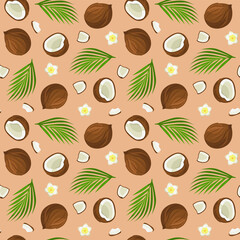 Pattern coconut with leaf and white flower in cartoon style. Vector whole and parts sweet coconut isolated on a white background.