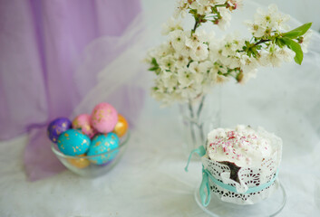 easter eggs and flowers. Celebrate holidays. Easter bakery. Very peri colour 