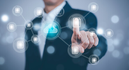 Man touching connect to data information on the Cloud Computing Technology Internet Storage Network...