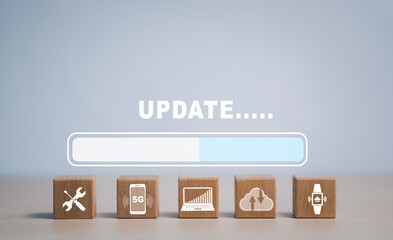 wooden block cube Update Software Computer Program Upgrade Business Technology Internet, Update on...