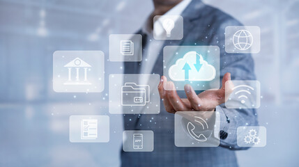 Man touching connect to data information on the Cloud Computing Technology Internet Storage Network Concept And a large database big data Through internet technology, Cloud sharing download and upload
