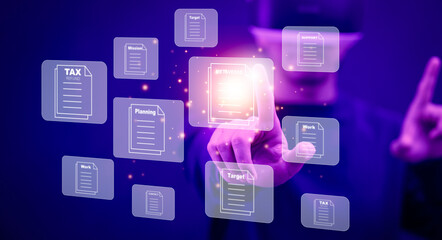 Man wearing VR glasses touch folder of document Management System,  online documentation database and process automation to efficiently manage files work, knowledge, Corporate business technology.