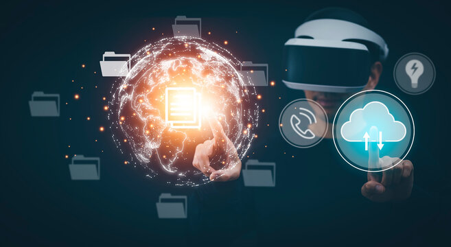 Man wearing VR glasses virtual Global Internet connection metavers networking, sharing download and upload, online documentation database and process automation to efficiently manage files technology.